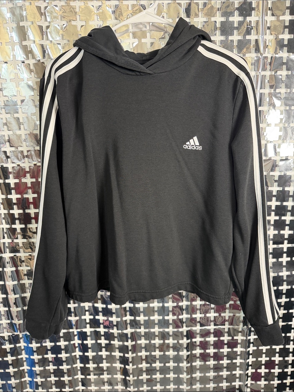 Adidas Women’s Black Hooded Pullover with Signature Stripes